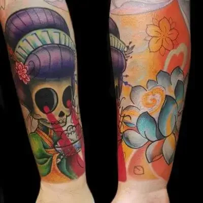 Tatuador en Madrid José Prieto Tattoo New School Color Calavera Flores Antebrazo