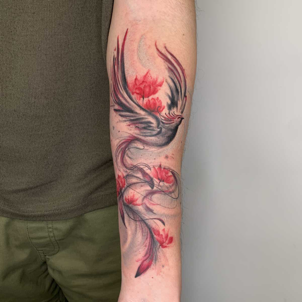 Tatuador Acuarela - Madrid - José Prieto Tattoo - Tatuaje de ave fénix - Antebrazo